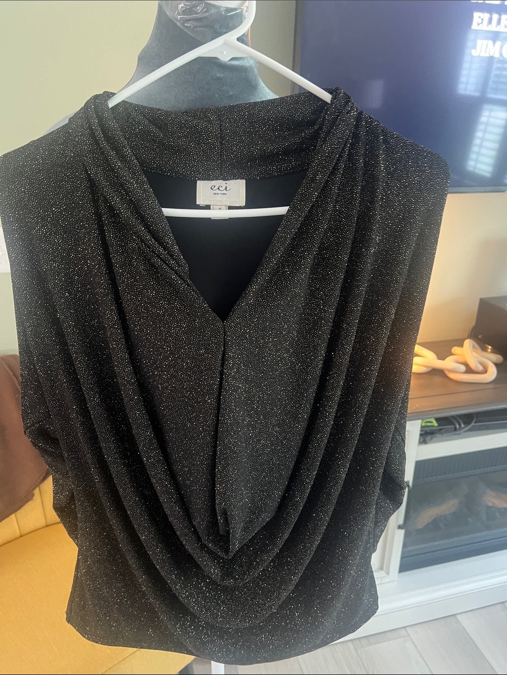 ECI Black Sparkle Draped Cowl Neck Shell